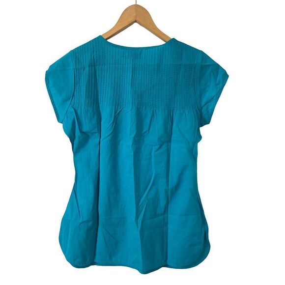 NWOT Fabindia Turquoise Blue Button Down Cap Sleeve 100% Cotton Shirt - Picture 2 of 6